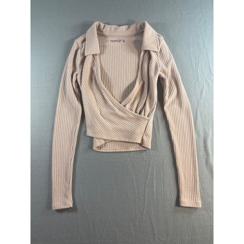 Abercrombie & Fitch Soft A&F Ribbed Wrap Front Collared Top Tan XS